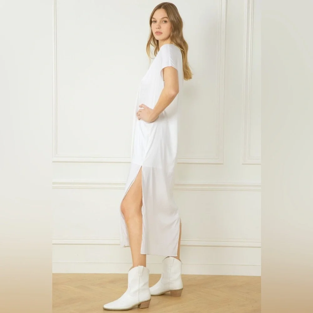 Entro V-neck short sleeve midi dress featuring braided fringe detail - Picture 3 of 7